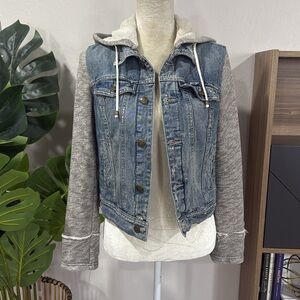 Free people destructed denim sweater jacket with removable hood